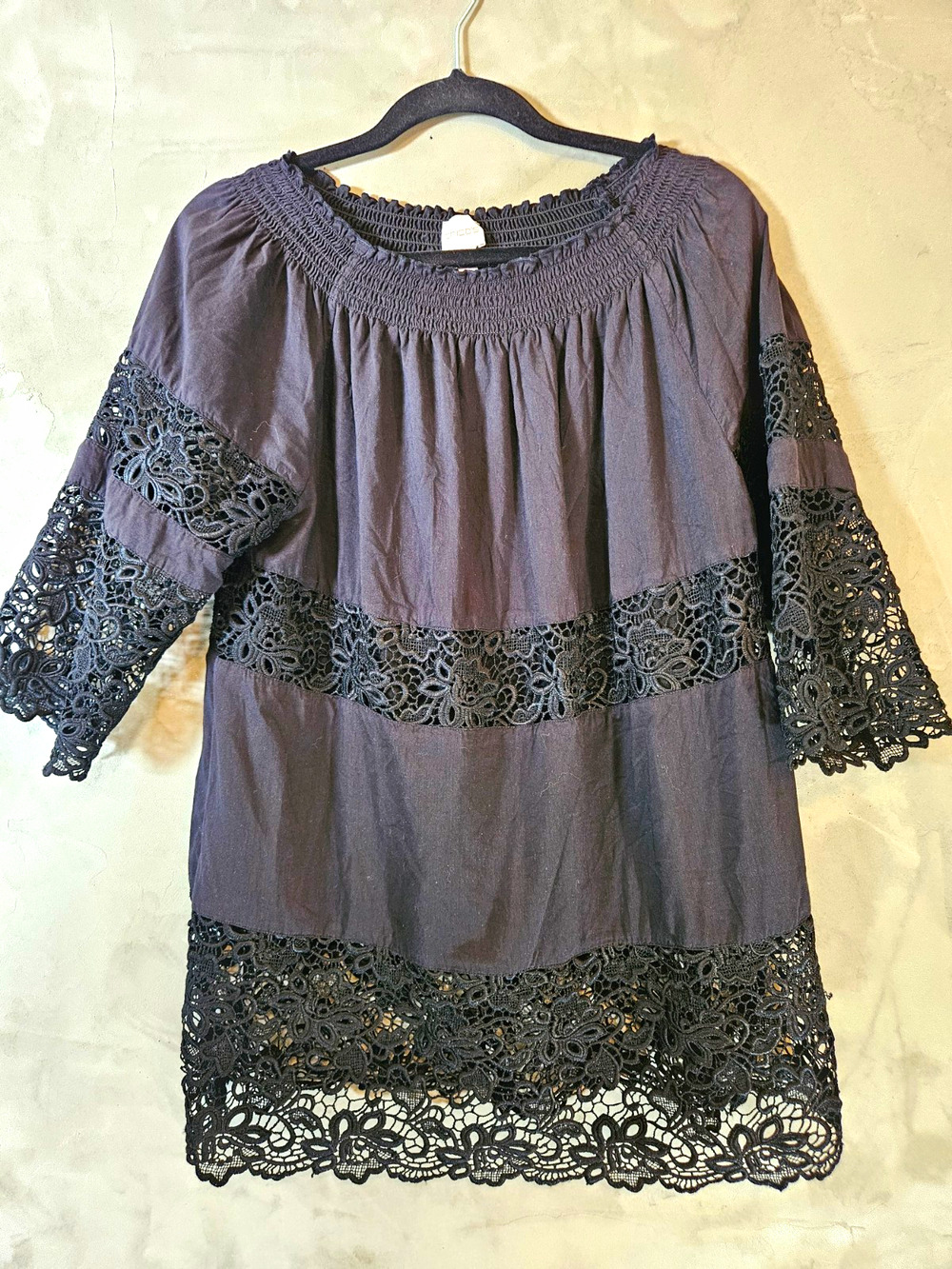 Chico's Size 1 Black Eyelet Smocked Neck 3/4 Sleeve Blouse